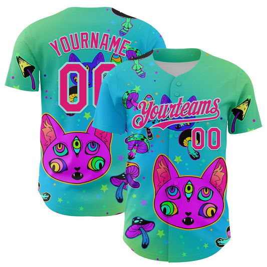 Custom Green Hot Pink-Ice Blue 3D Pattern Design Trippy Magic Mushrooms Cats Authentic Baseball Jersey - Sky-Custom