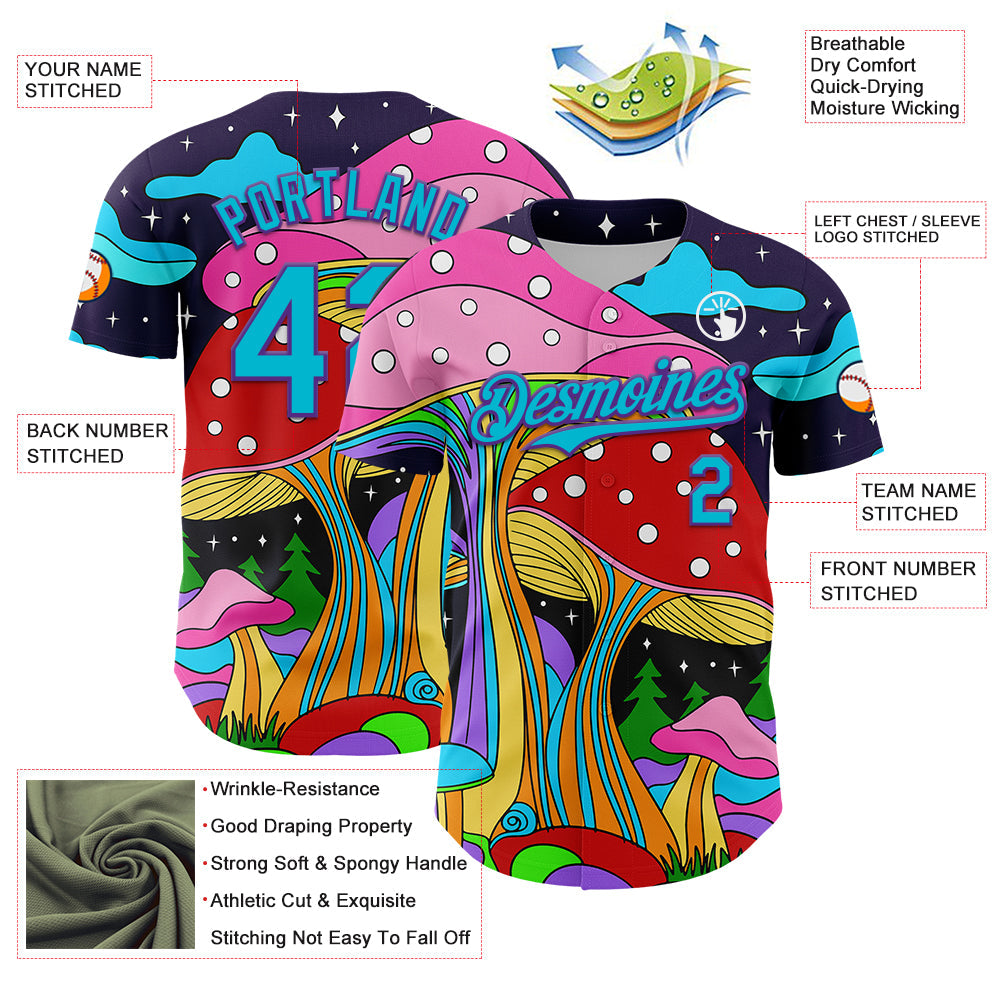 Custom Navy Lakes Blue-Purple 3D Pattern Design Trippy Psychedelic Magic Mushrooms Authentic Baseball Jersey - Sky-Custom