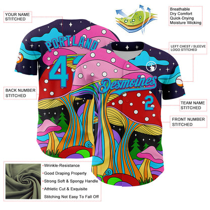 Custom Navy Lakes Blue-Purple 3D Pattern Design Trippy Psychedelic Magic Mushrooms Authentic Baseball Jersey - Sky-Custom