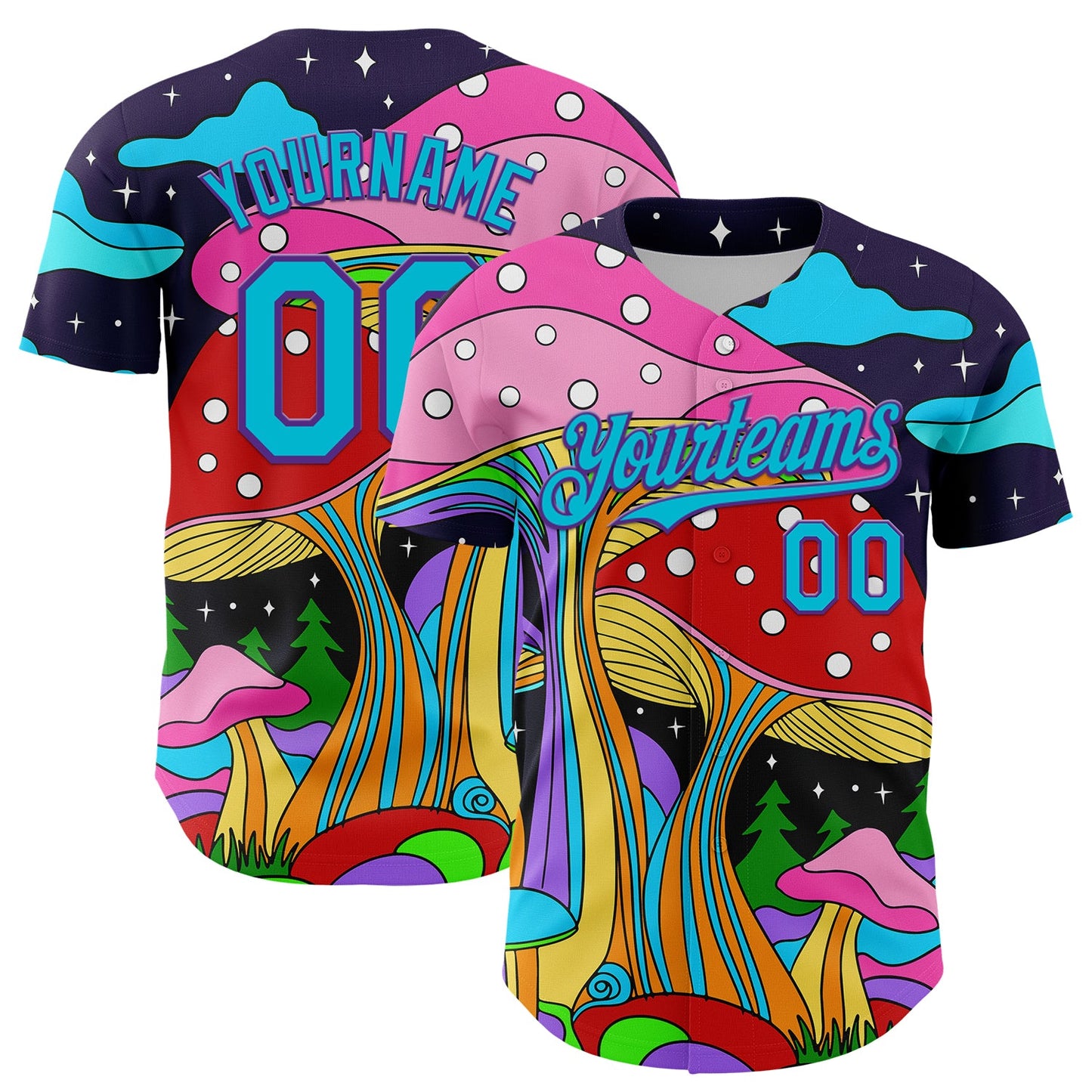 Custom Navy Lakes Blue-Purple 3D Pattern Design Trippy Psychedelic Magic Mushrooms Authentic Baseball Jersey - Sky-Custom