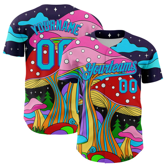 Custom Navy Lakes Blue-Purple 3D Pattern Design Trippy Psychedelic Magic Mushrooms Authentic Baseball Jersey - Sky-Custom