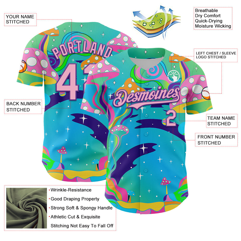Custom Navy Light Pink-Purple 3D Pattern Design Trippy Psychedelic Magic Mushrooms Authentic Baseball Jersey - Sky-Custom