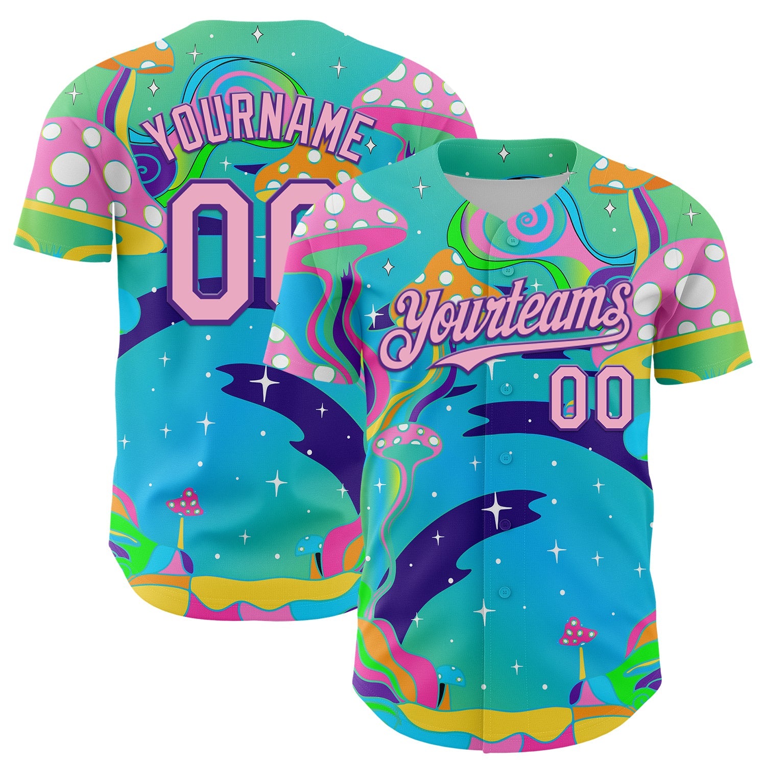 Custom Navy Light Pink-Purple 3D Pattern Design Trippy Psychedelic Magic Mushrooms Authentic Baseball Jersey - Sky-Custom