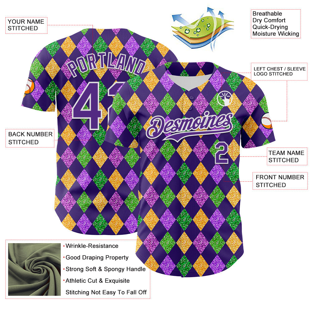 Custom Purple White 3D Pattern Design Mardi Gras Shrove Tuesday Authentic Baseball Jersey - Sky-Custom