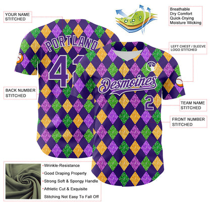 Custom Purple White 3D Pattern Design Mardi Gras Shrove Tuesday Authentic Baseball Jersey - Sky-Custom