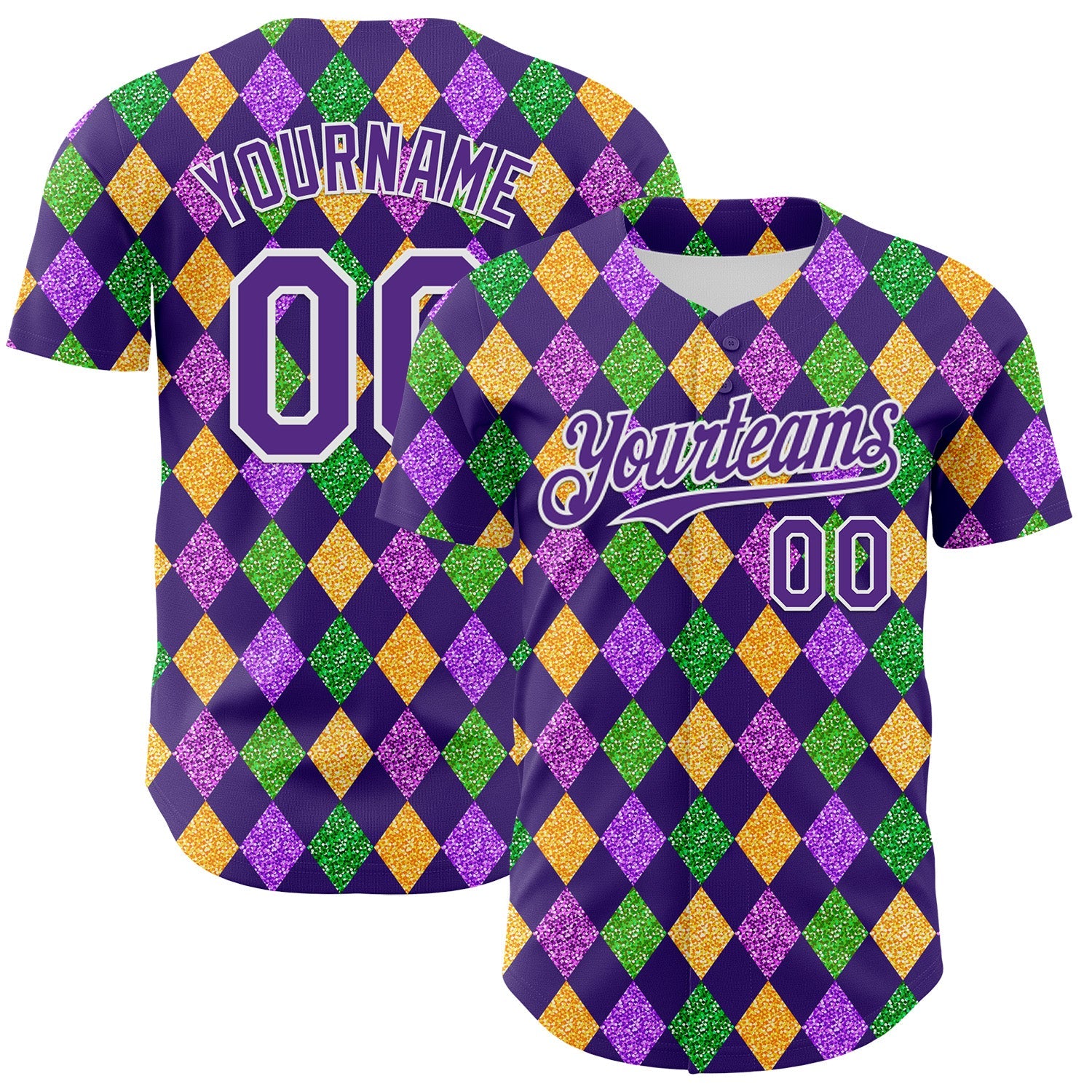Custom Purple White 3D Pattern Design Mardi Gras Shrove Tuesday Authentic Baseball Jersey - Sky-Custom
