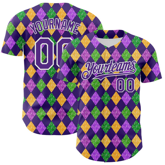 Custom Purple White 3D Pattern Design Mardi Gras Shrove Tuesday Authentic Baseball Jersey - Sky-Custom