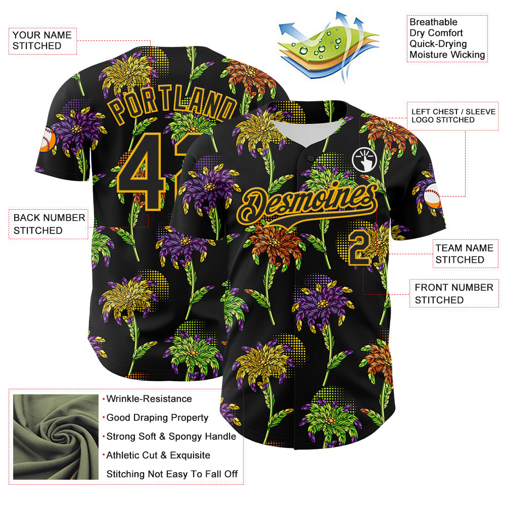 Custom Black Gold 3D Pattern Design Mardi Gras Shrove Tuesday Authentic Baseball Jersey - Sky-Custom