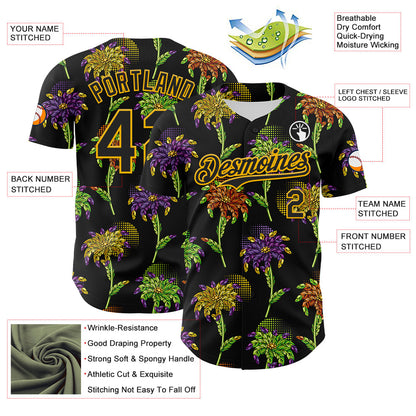 Custom Black Gold 3D Pattern Design Mardi Gras Shrove Tuesday Authentic Baseball Jersey - Sky-Custom