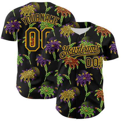 Custom Black Gold 3D Pattern Design Mardi Gras Shrove Tuesday Authentic Baseball Jersey - Sky-Custom