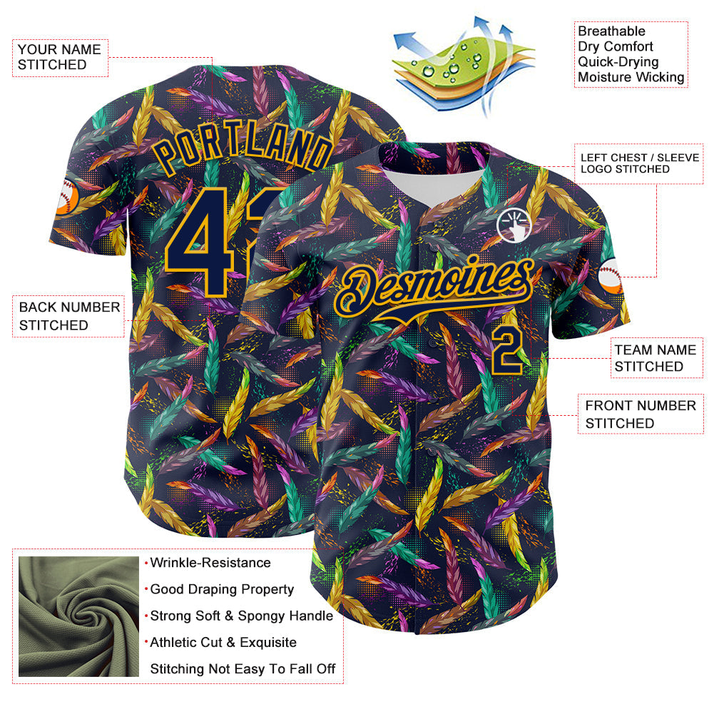 Custom Navy Gold 3D Pattern Design Mardi Gras Shrove Tuesday Authentic Baseball Jersey - Sky-Custom
