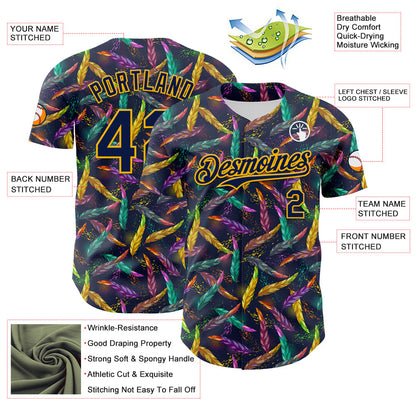 Custom Navy Gold 3D Pattern Design Mardi Gras Shrove Tuesday Authentic Baseball Jersey - Sky-Custom