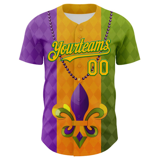Custom Purple Gold-Grass Green 3D Pattern Design Mardi Gras Shrove Tuesday Authentic Baseball Jersey - Sky-Custom