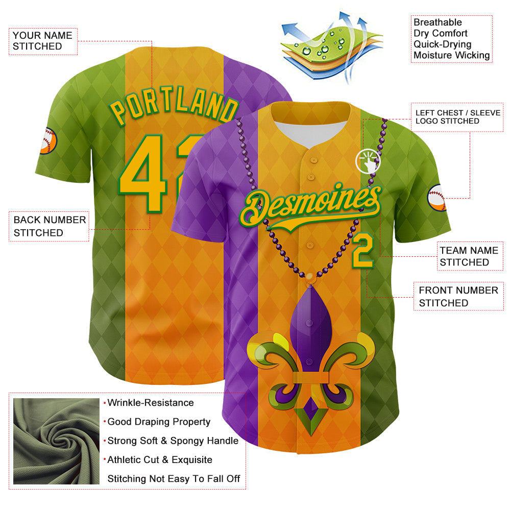 Custom Purple Gold-Grass Green 3D Pattern Design Mardi Gras Shrove Tuesday Authentic Baseball Jersey - Sky-Custom