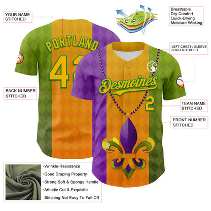 Custom Purple Gold-Grass Green 3D Pattern Design Mardi Gras Shrove Tuesday Authentic Baseball Jersey - Sky-Custom