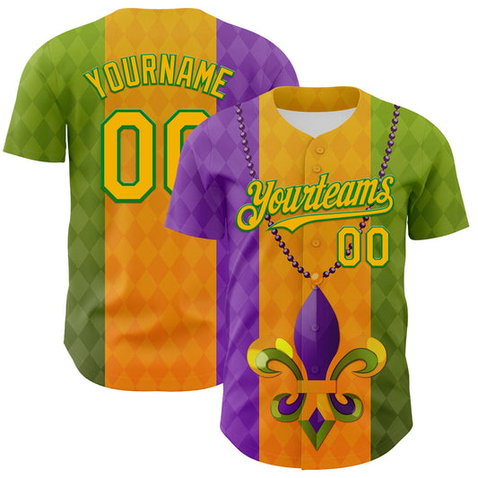 Custom Purple Gold-Grass Green 3D Pattern Design Mardi Gras Shrove Tuesday Authentic Baseball Jersey - Sky-Custom
