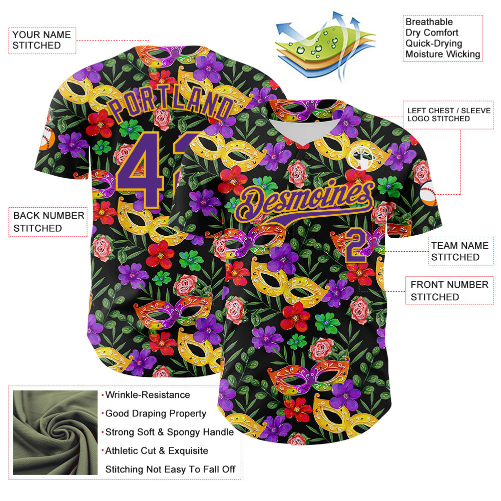 Custom Black Purple-Gold 3D Pattern Design Mardi Gras Shrove Tuesday Authentic Baseball Jersey - Sky-Custom