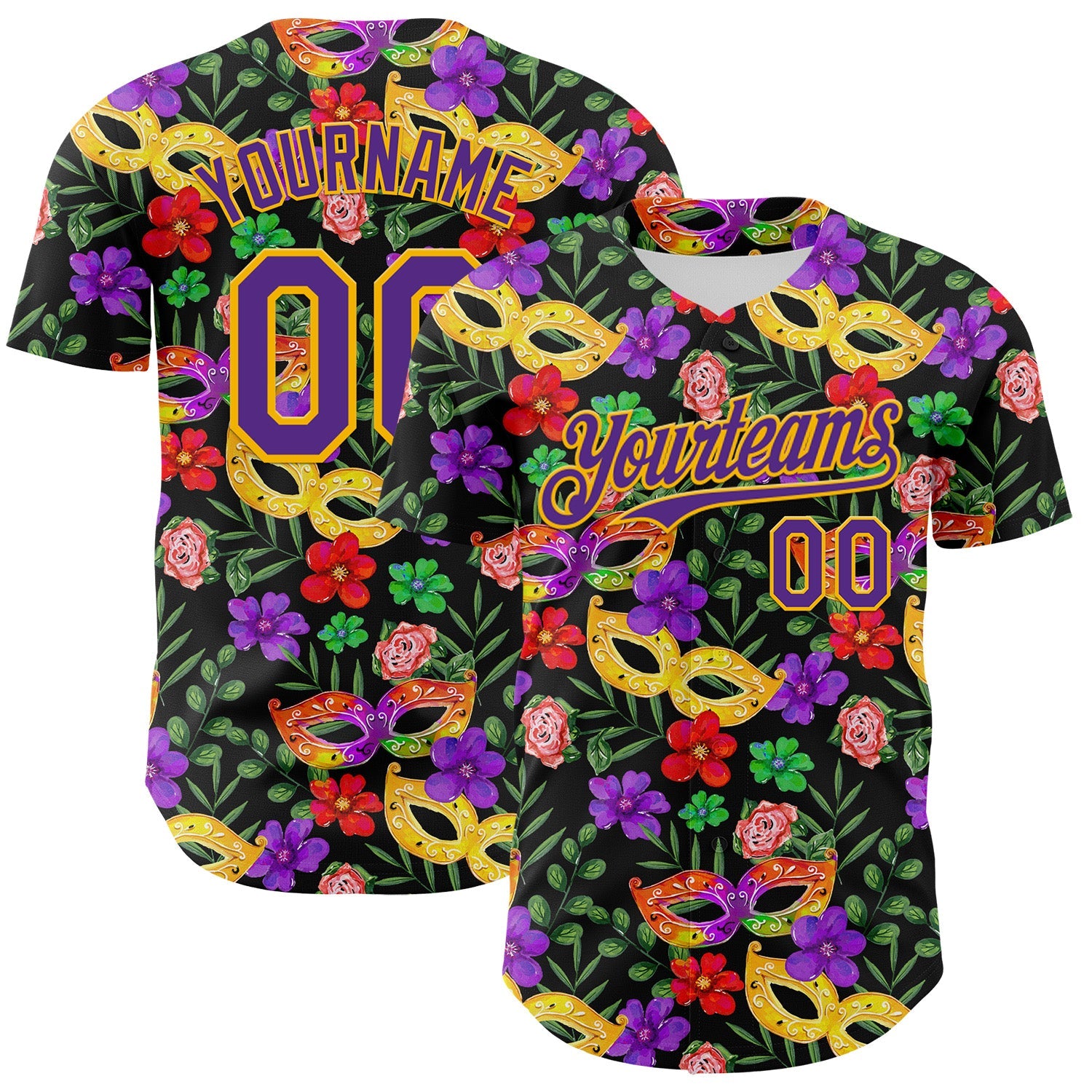 Custom Black Purple-Gold 3D Pattern Design Mardi Gras Shrove Tuesday Authentic Baseball Jersey - Sky-Custom