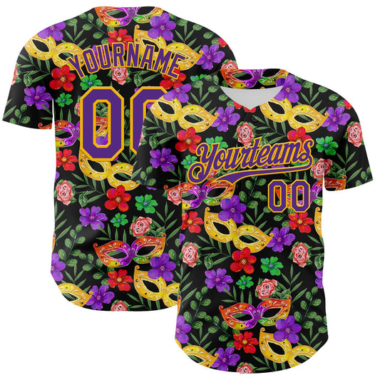 Custom Black Purple-Gold 3D Pattern Design Mardi Gras Shrove Tuesday Authentic Baseball Jersey - Sky-Custom