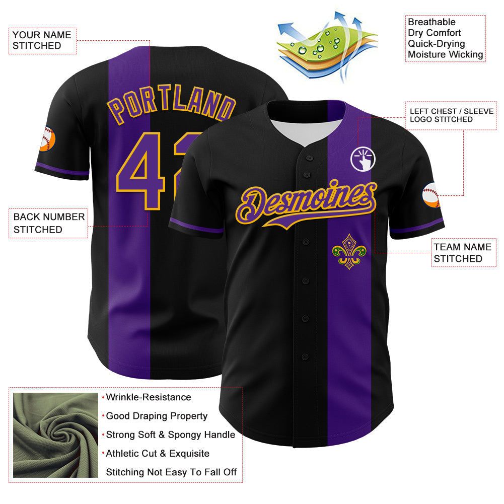 Custom Black Purple-Gold 3D Pattern Design Mardi Gras Shrove Tuesday Authentic Baseball Jersey - Sky-Custom