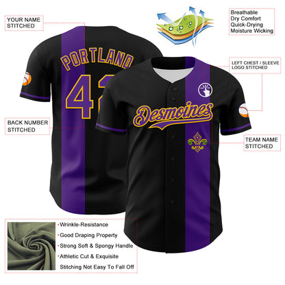 Custom Black Purple-Gold 3D Pattern Design Mardi Gras Shrove Tuesday Authentic Baseball Jersey - Sky-Custom
