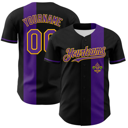 Custom Black Purple-Gold 3D Pattern Design Mardi Gras Shrove Tuesday Authentic Baseball Jersey - Sky-Custom