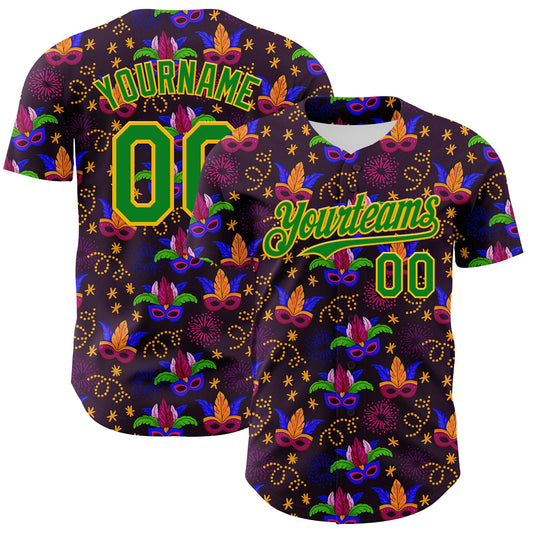 Custom Purple Grass Green-Gold 3D Pattern Design Mardi Gras Shrove Tuesday Authentic Baseball Jersey - Sky-Custom