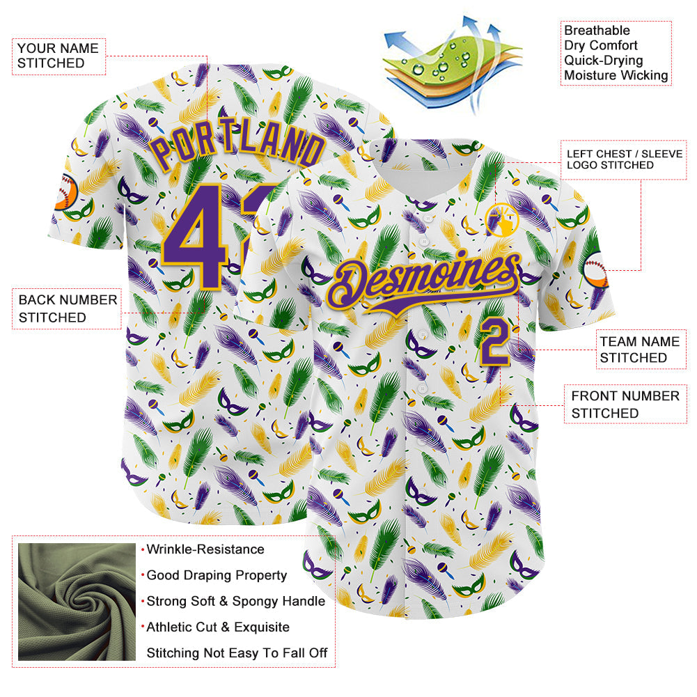 Custom White Purple-Yellow 3D Pattern Design Mardi Gras Shrove Tuesday Authentic Baseball Jersey - Sky-Custom