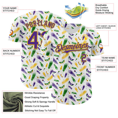 Custom White Purple-Yellow 3D Pattern Design Mardi Gras Shrove Tuesday Authentic Baseball Jersey - Sky-Custom