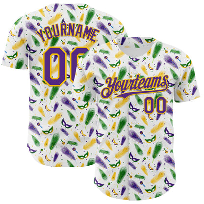 Custom White Purple-Yellow 3D Pattern Design Mardi Gras Shrove Tuesday Authentic Baseball Jersey - Sky-Custom