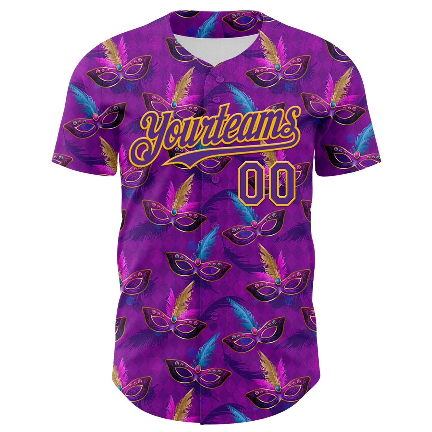 Custom Purple Gold 3D Pattern Design Mardi Gras Shrove Tuesday Authentic Baseball Jersey - Sky-Custom
