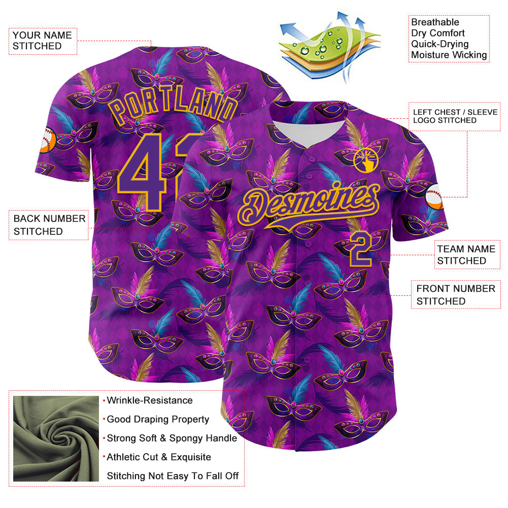 Custom Purple Gold 3D Pattern Design Mardi Gras Shrove Tuesday Authentic Baseball Jersey - Sky-Custom