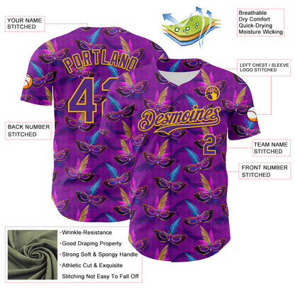 Custom Purple Gold 3D Pattern Design Mardi Gras Shrove Tuesday Authentic Baseball Jersey - Sky-Custom