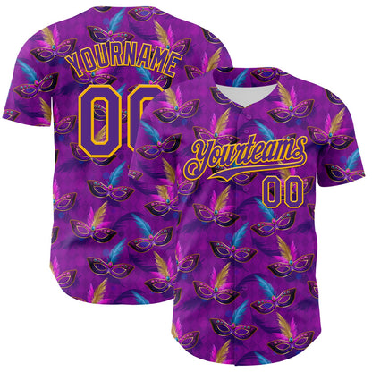 Custom Purple Gold 3D Pattern Design Mardi Gras Shrove Tuesday Authentic Baseball Jersey - Sky-Custom