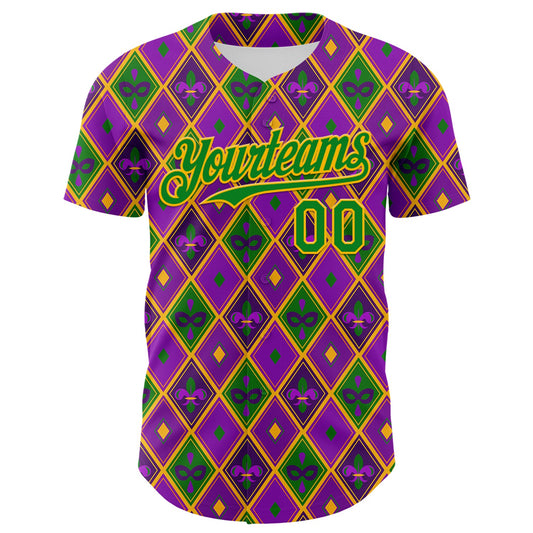 Custom Purple Grass Green-Gold 3D Pattern Design Mardi Gras Shrove Tuesday Authentic Baseball Jersey - Sky-Custom