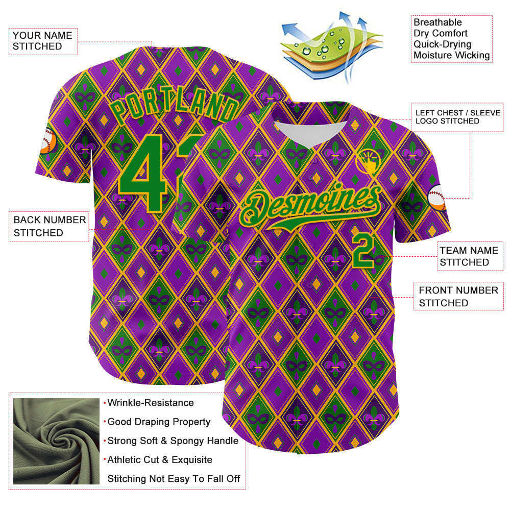 Custom Purple Grass Green-Gold 3D Pattern Design Mardi Gras Shrove Tuesday Authentic Baseball Jersey - Sky-Custom
