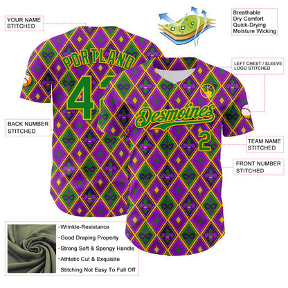 Custom Purple Grass Green-Gold 3D Pattern Design Mardi Gras Shrove Tuesday Authentic Baseball Jersey - Sky-Custom