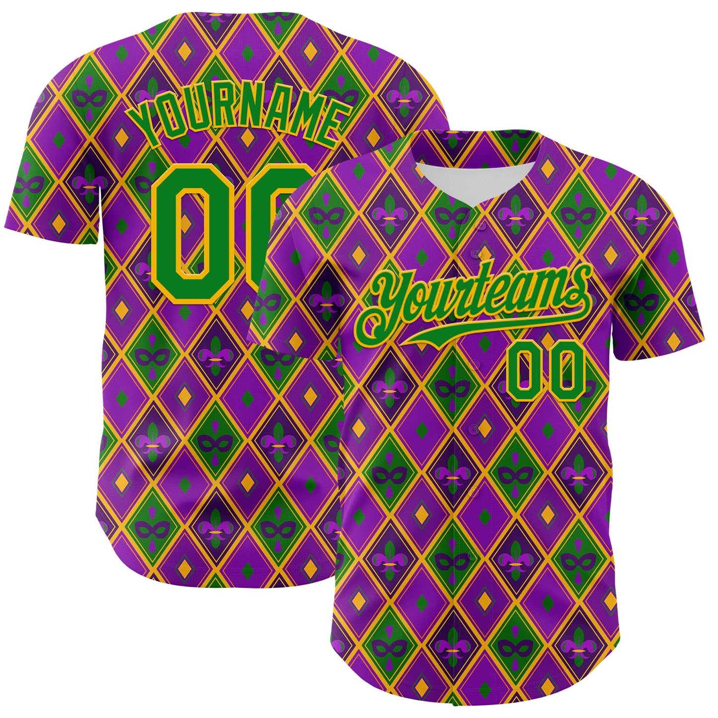 Custom Purple Grass Green-Gold 3D Pattern Design Mardi Gras Shrove Tuesday Authentic Baseball Jersey - Sky-Custom