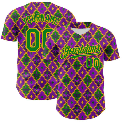 Custom Purple Grass Green-Gold 3D Pattern Design Mardi Gras Shrove Tuesday Authentic Baseball Jersey - Sky-Custom