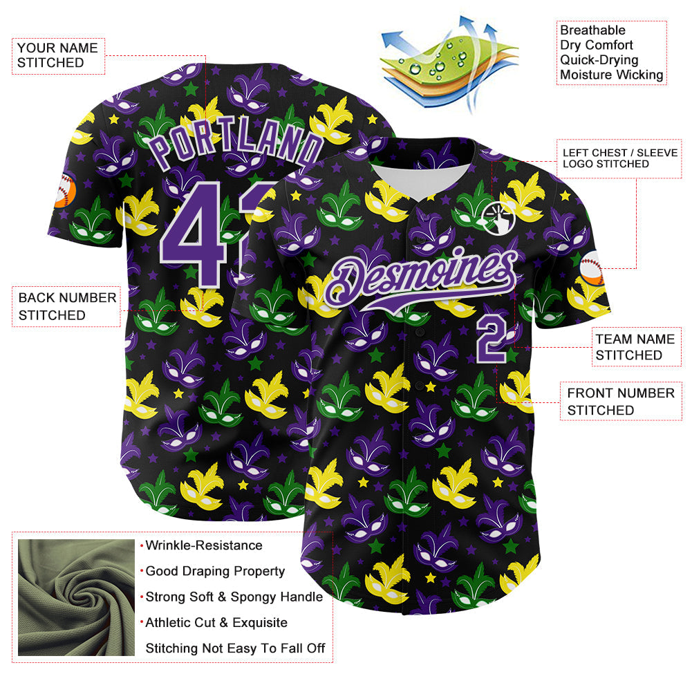 Custom Black Purple-White 3D Pattern Design Mardi Gras Shrove Tuesday Authentic Baseball Jersey - Sky-Custom