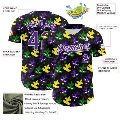 Custom Black Purple-White 3D Pattern Design Mardi Gras Shrove Tuesday Authentic Baseball Jersey - Sky-Custom