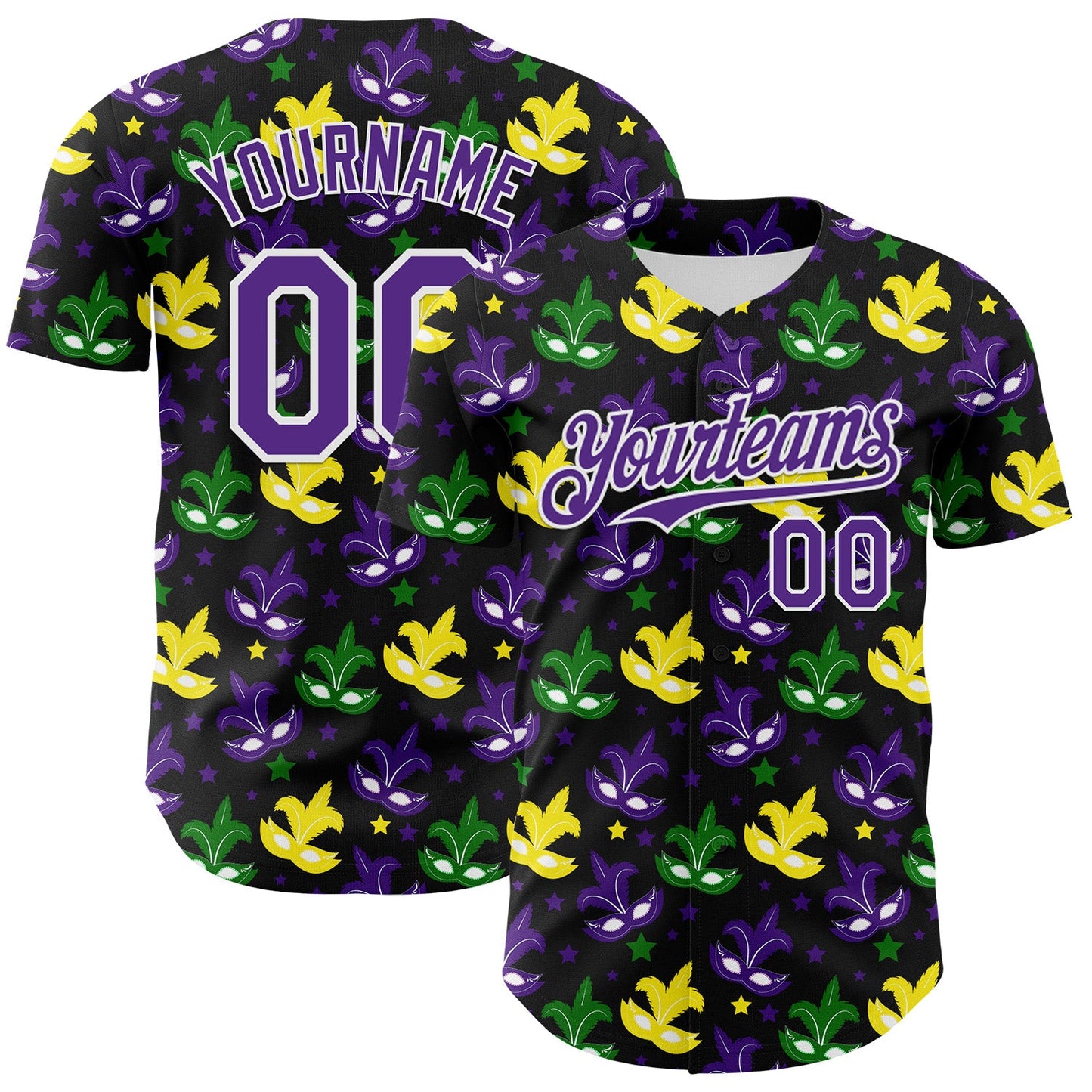 Custom Black Purple-White 3D Pattern Design Mardi Gras Shrove Tuesday Authentic Baseball Jersey - Sky-Custom