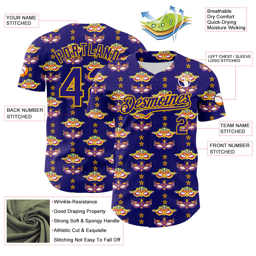 Custom Dark Purple Gold 3D Pattern Design Mardi Gras Shrove Tuesday Authentic Baseball Jersey - Sky-Custom