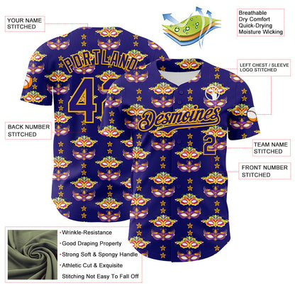 Custom Dark Purple Gold 3D Pattern Design Mardi Gras Shrove Tuesday Authentic Baseball Jersey - Sky-Custom