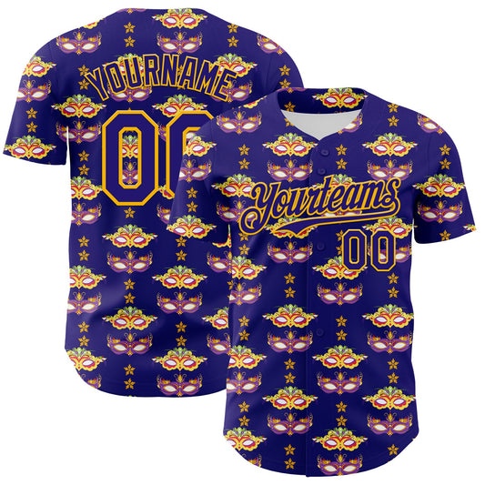 Custom Dark Purple Gold 3D Pattern Design Mardi Gras Shrove Tuesday Authentic Baseball Jersey - Sky-Custom