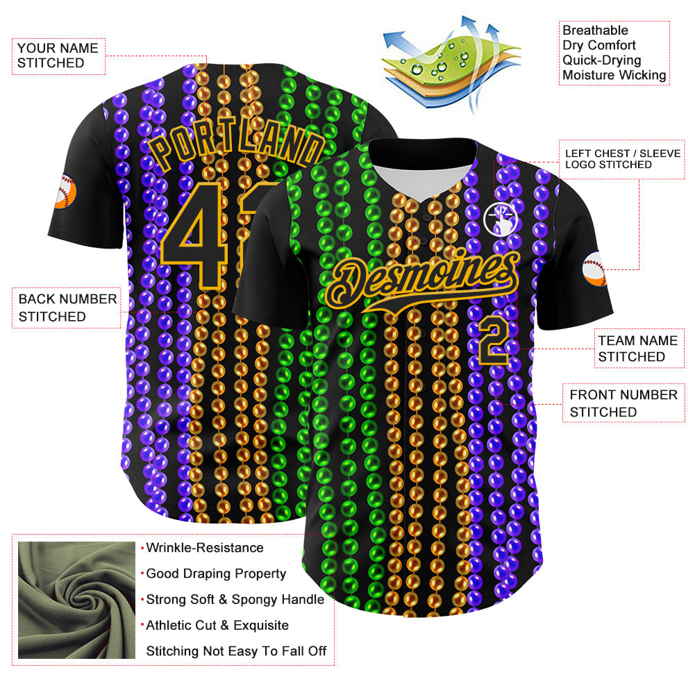 Custom Black Gold 3D Pattern Design Mardi Gras Shrove Tuesday Authentic Baseball Jersey - Sky-Custom
