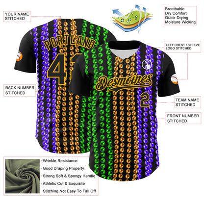 Custom Black Gold 3D Pattern Design Mardi Gras Shrove Tuesday Authentic Baseball Jersey - Sky-Custom
