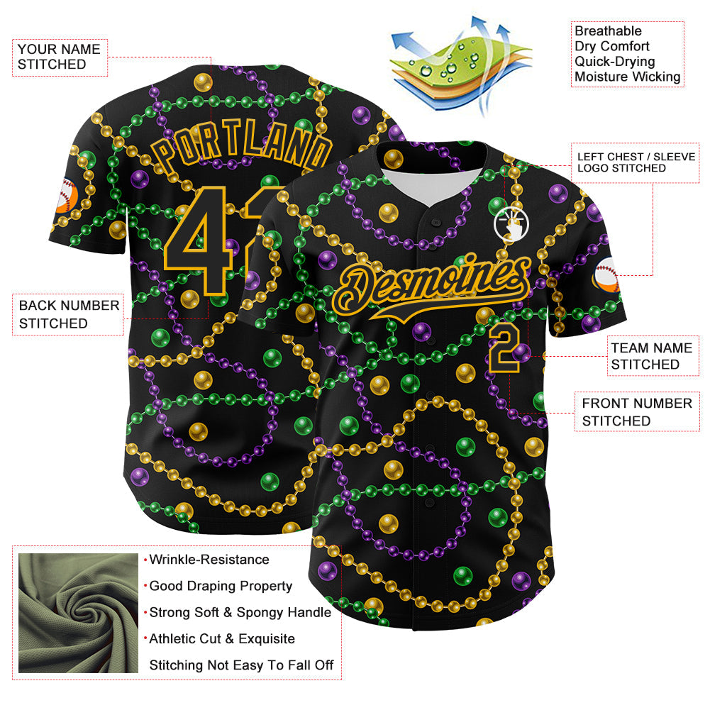 Custom Black Gold 3D Pattern Design Mardi Gras Shrove Tuesday Authentic Baseball Jersey - Sky-Custom