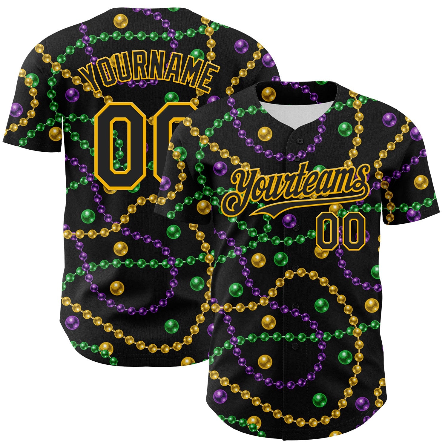 Custom Black Gold 3D Pattern Design Mardi Gras Shrove Tuesday Authentic Baseball Jersey - Sky-Custom