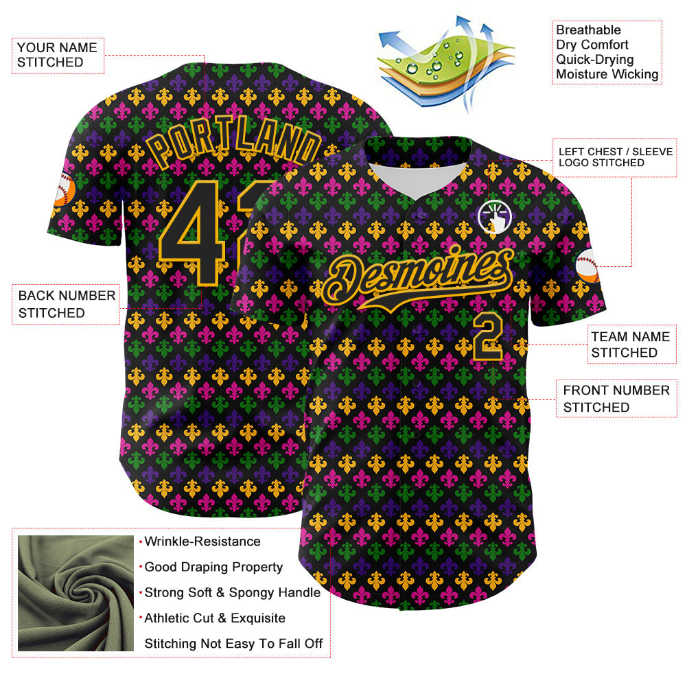 Custom Black Gold 3D Pattern Design Mardi Gras Shrove Tuesday Authentic Baseball Jersey - Sky-Custom